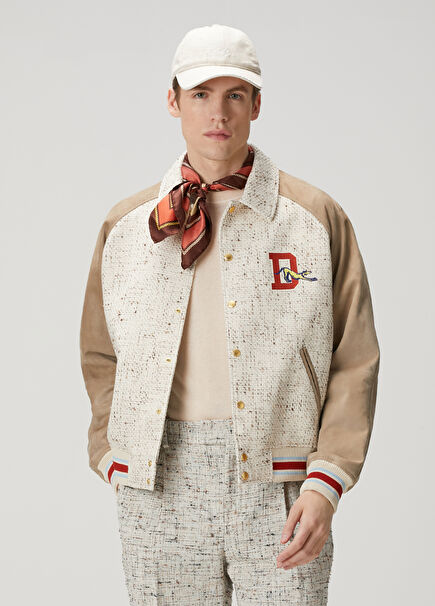 Ecru Tweed Textured Bomber Coat
