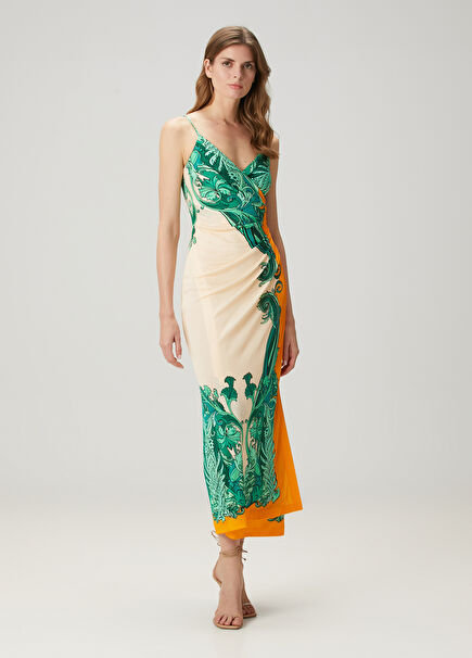 Green Patterned Draped Midi Dress