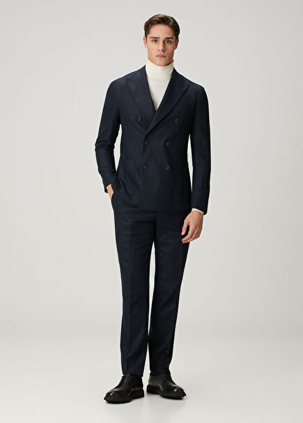 Lacivert Çizgi Desenli Yün Kruvaze Takım Elbise