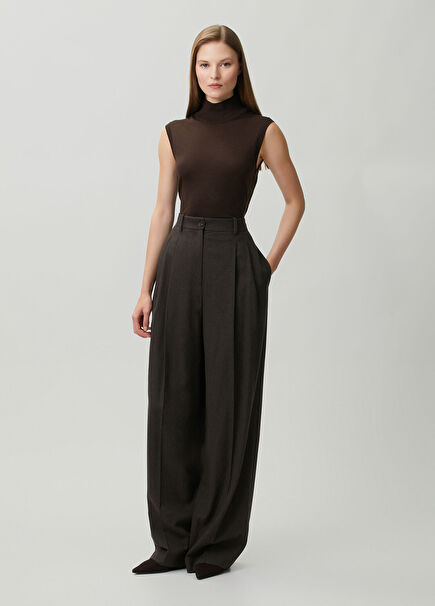 Dark Grey Herringbone Patterned Wool Trousers