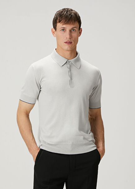 Gri Polo Yaka Kısa Kollu İpek Triko