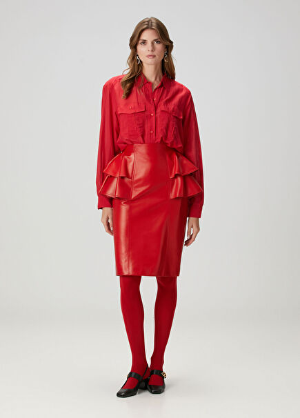 Kırmızı Midi Deri Etek