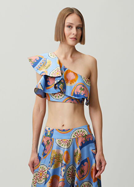 Ninon Mavi Tek Omuzlu Crop Bluz