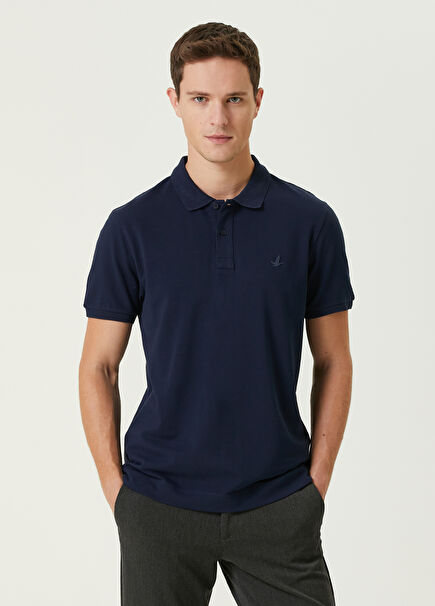 Navy Blue Polo Collar Honeycomb Textured Logo T-shirt