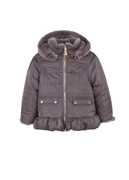 Gri Kapüşonlu Çift Taraflı Kız Çocuk Doudoune Mont
