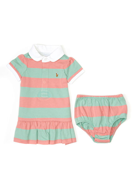 Pembe Yeşil Çizgili Kız Bebek Elbise