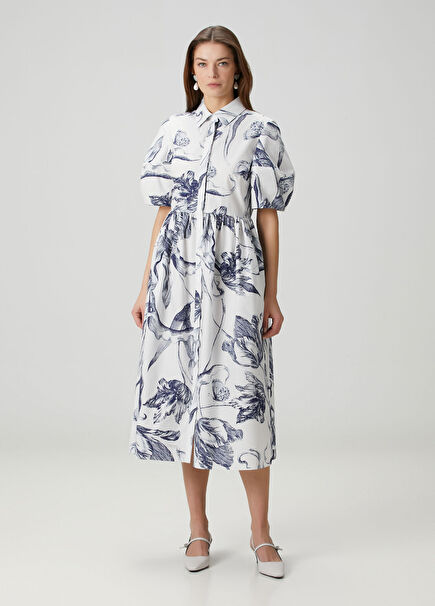 Blue White Floral Midi Shirt Dress