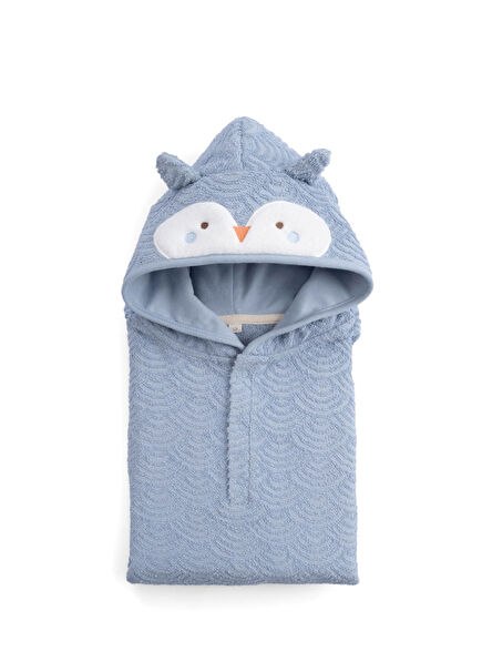 Owl Patterned Blue Organic Cotton Baby Towel Poncho