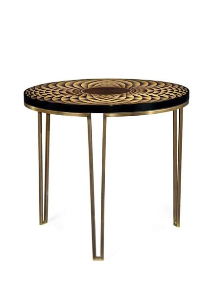 Op Art Helical Altın Siyah Ahşap Pirinç Yuvarlak Yan Sehpa