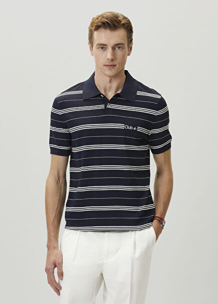 Lacivert Polo Yaka T Beyaz Çizgili Kısa Kol Triko