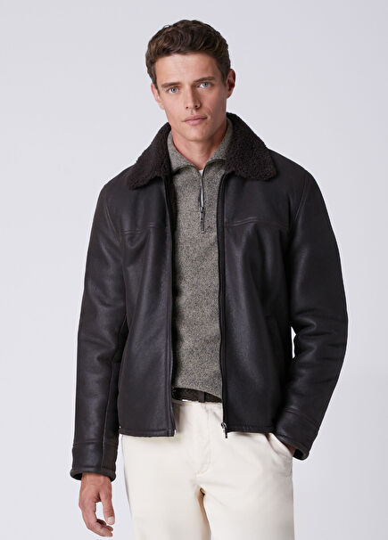 Koyu Kahverengi Shearling Yaka Deri Mont