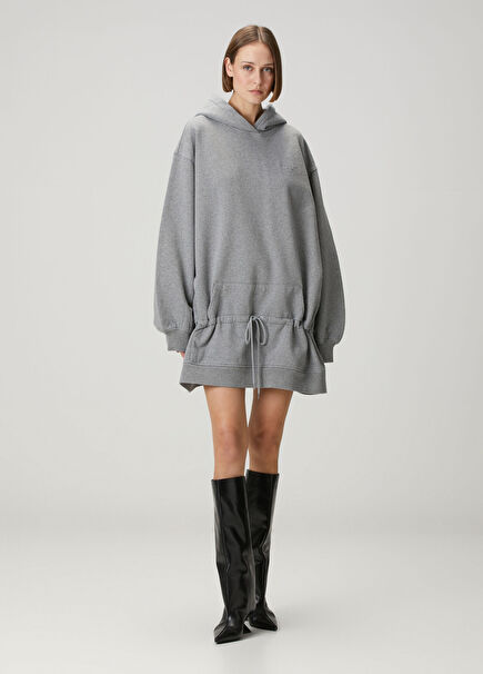 Gri Kapüşonlu Sweatshirt Elbise