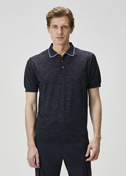 Lacivert Polo Yaka Kısa Kollu Yün Triko