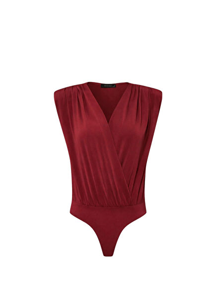 Bordo V Yakalı Önü Büzgülü ve Omuzu Vatka Detaylı Kadın Body 