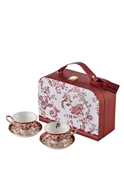 Flower Garden Red Porcelain Leather Bag Set of 4 Coffee Cups