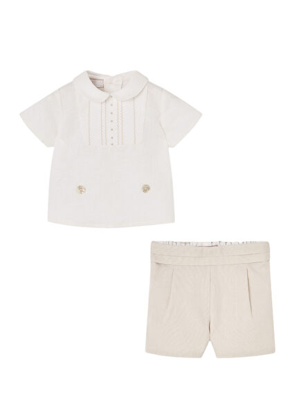 Beyaz Pamuklu Kısa Kollu Bluz Bej Şort Erkek Bebek 2'li Set