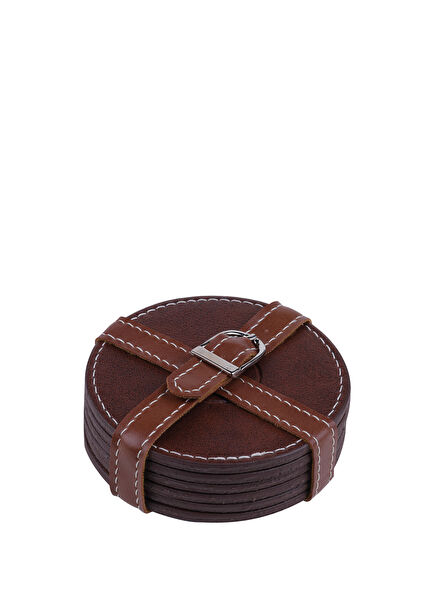 Tan Leather Belted Set of 6 Coasters