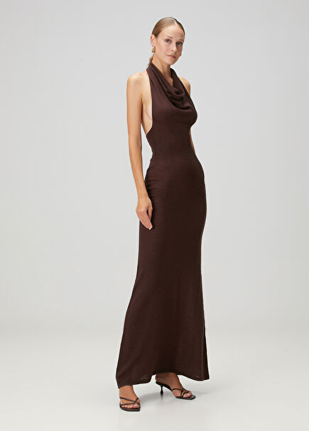 Kahverengi Degajeli Maksi Elbise