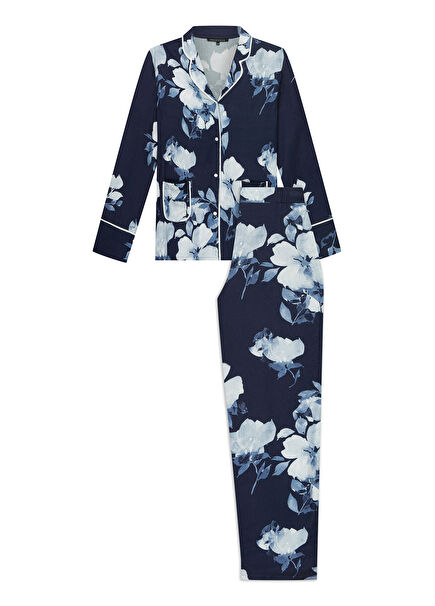Lavinia Floral Print Navy Blue Viscose Women's Pajama Set