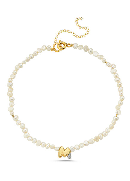 Harf Detaylı İncili Gümüş Üzeri Altın Kaplama Koly