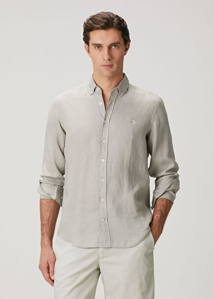 Comfort Fit Açık Haki Keten Gömlek