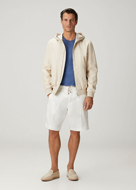 Beyaz Beli Kordonlu Keten Bermuda