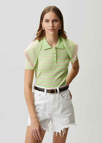 Yeşil Çizgili Şal Detaylı Polo Kazak