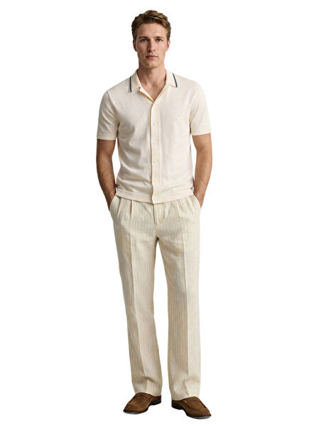 Krem Keten Çizgili Regular Fit Erkek Pantolon