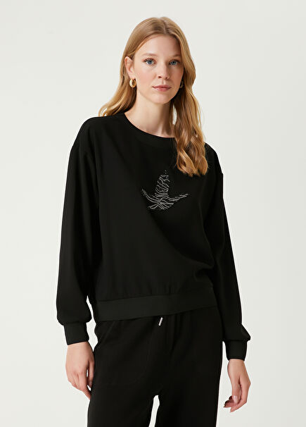 Black Embellished Logo Crepe Blouse