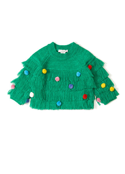 Green Tasseled Girls Sweater