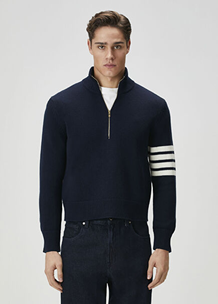 Lacivert Yakası Fermuarlı Yün Kazak