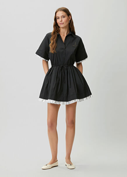 Siyah Taş Logolu Mini Gömlek Elbise