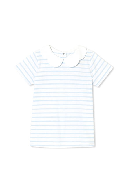 Beyaz Mavi Çizgili Poplin Yaka Kısa Kollu Kız Çocuk T-Shirt