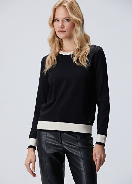 Siyah Bisiklet Yaka Kontrast Renk Kazak