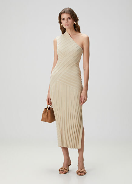 Cielo Beige Asymmetrical Midi Dress