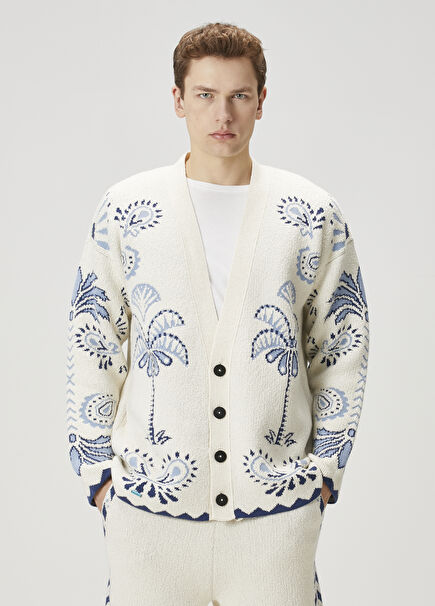 Blue White Ethnic Pattern Jacquard Wool Cardigan