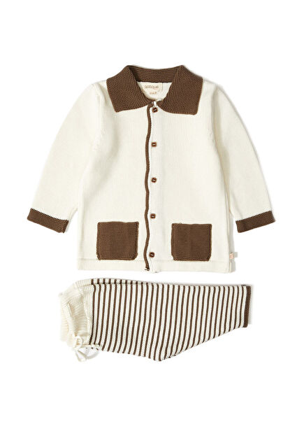 Ekru Organik Pamuk Yakalı Hırka ve Pantolon Erkek Bebek 2'li Set