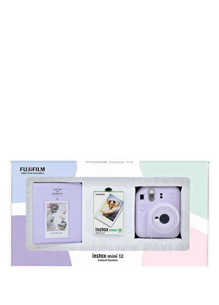 Instax Mini 12 Lila Fotoğraf Makinesi + 10'lu Film ve PVC Albüm Bundle Box