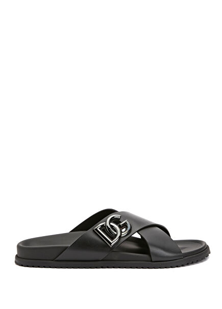Black Logo Buckle Men's Leather Slippers