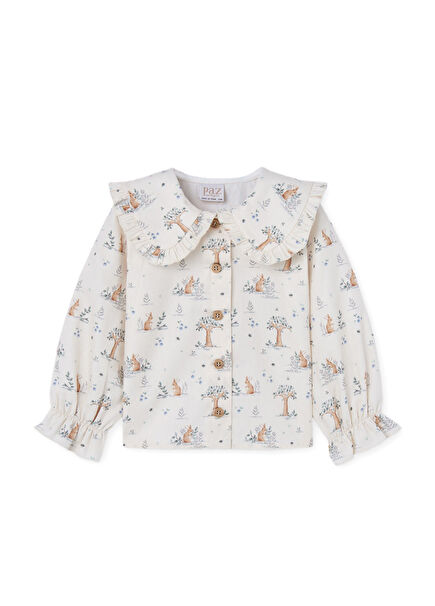 Desenli Ekru Yaka Detaylı Uzun Kollu Kız Bebek Bluz