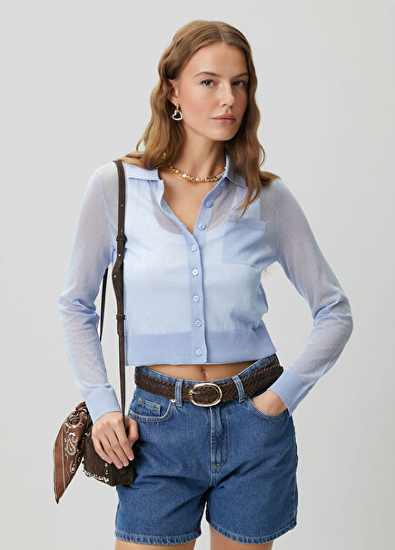 Blue Thin Transparent Polo Cardigan