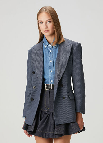 Naelle Blue Striped Double-Breasted Jacket