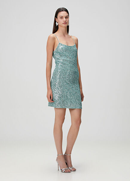 Mavi Payetli Mini Kokteyl Elbise