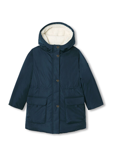 Petrol Blue Adjustable Waist Sherpa Lined Girls Parka
