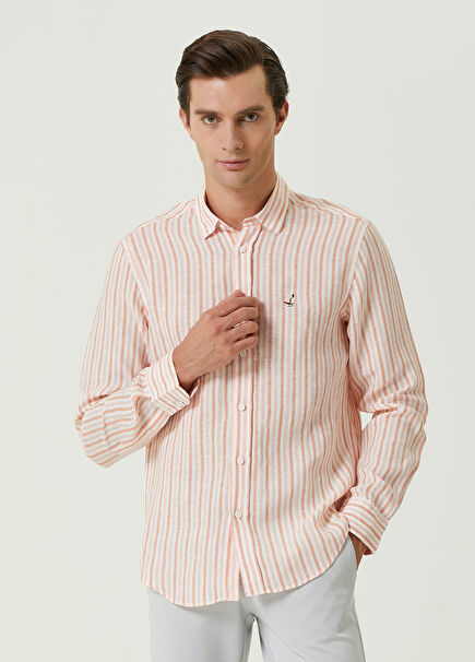Comfort Fit Salmon Striped Linen Shirt