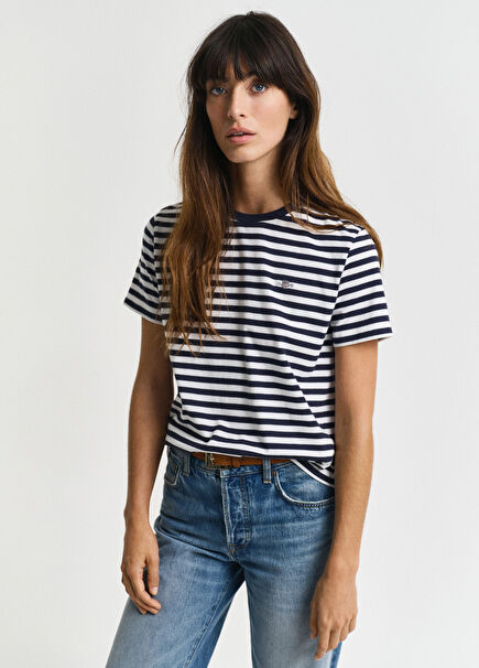 Navy Blue Regular Fit Crew Neck Striped Short Sleeve Women's T-Shirt
