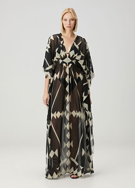 Secret Garden Ecru Black Patterned Kaftan