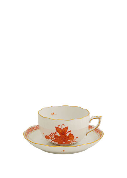Apponyi Patterned Orange Porcelain Teacup and Saucer