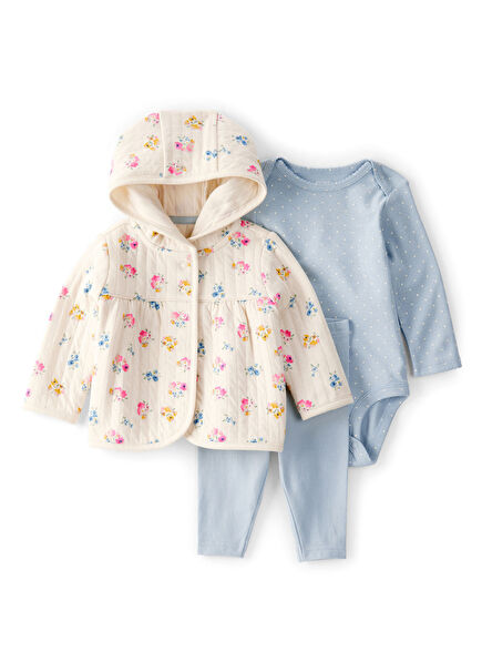 Ekru Kapüşonlu Hırka Pantolon ve Çıtçıtlı Body Kız Bebek 3'lü Set