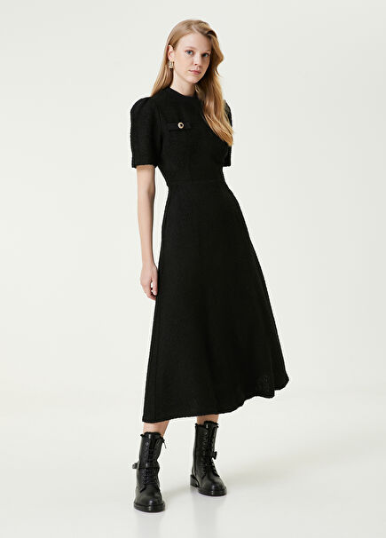 Siyah Midi Tweed Elbise